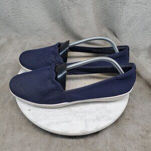Clarks Shoes Womens Size 11 Navy Blue Canvas Ayla Shine Slip On Loafers